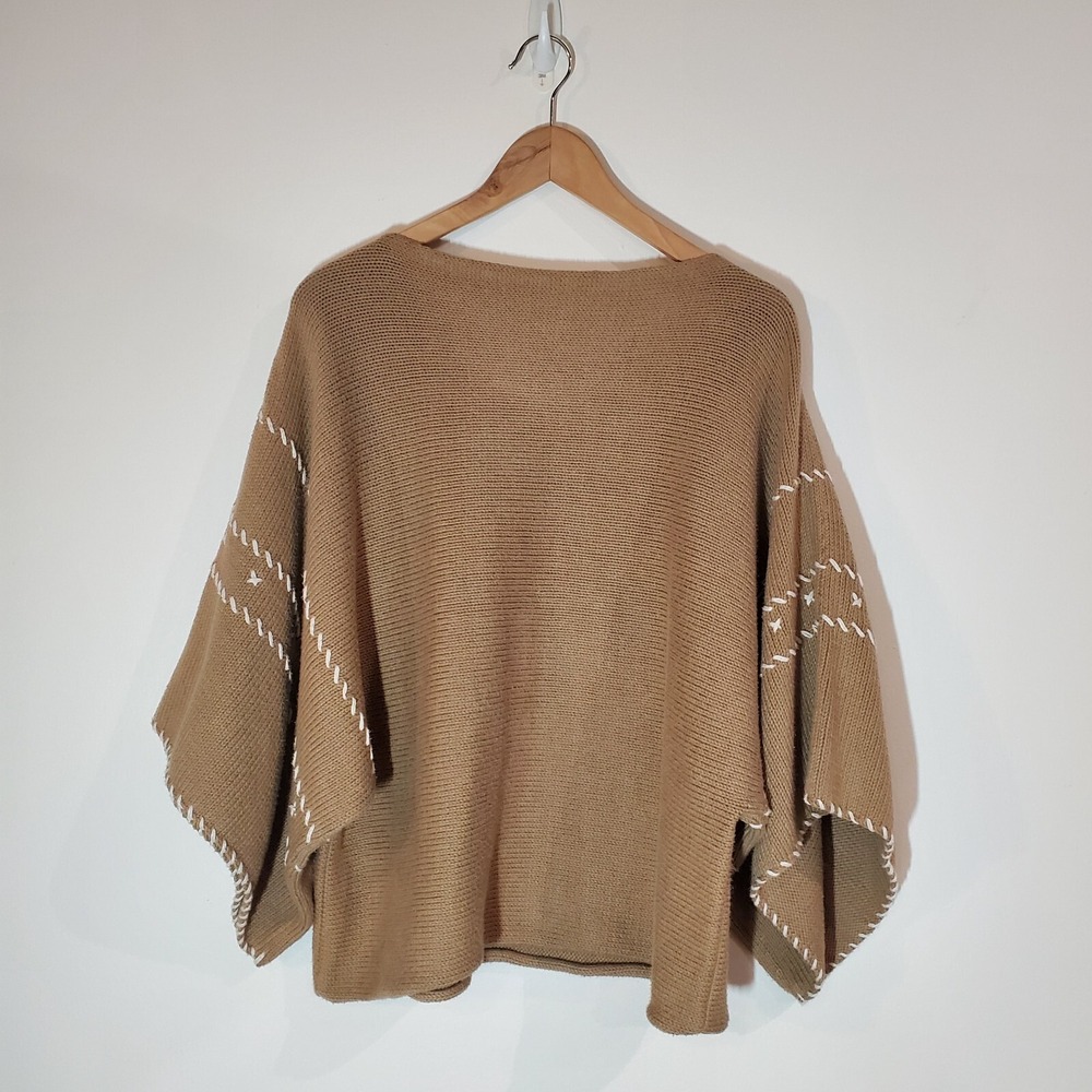 Handmade knitted poncho‎ oversized brown sweater with white details